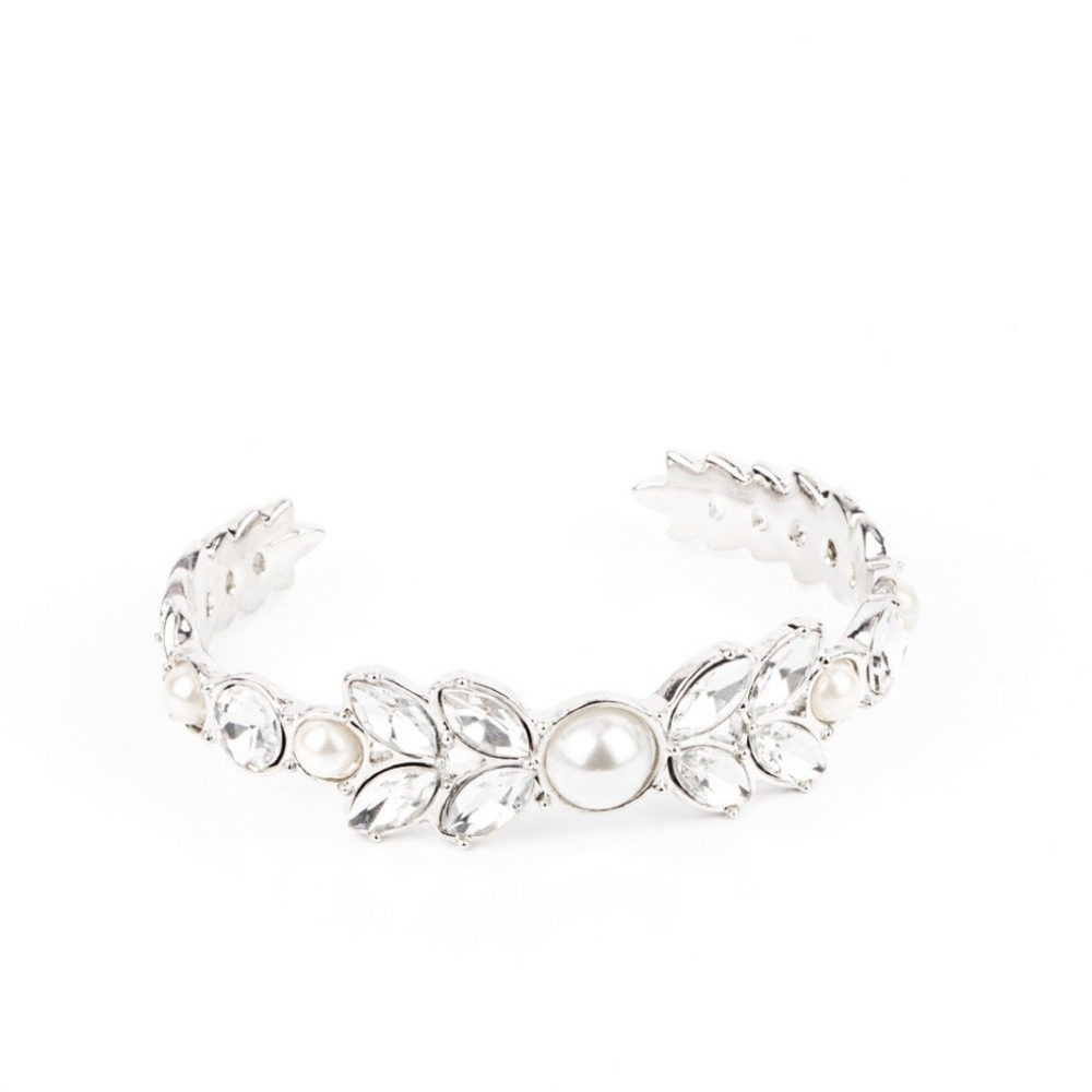 Paparazzi Silver and Pearl Leaf Headband Regal Reminiscence White Cuff Jewelry